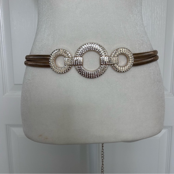 Gold Tone Rhinestone Embellished Circle Stretch Glam Statement Belt Women’s - Picture 4 of 11